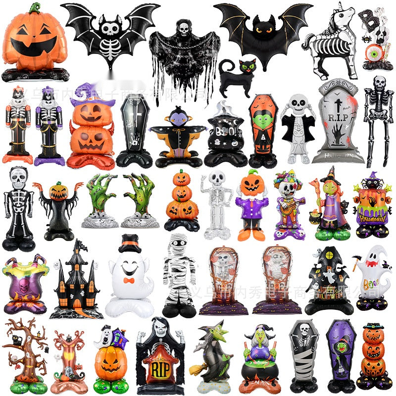 4D Halloween Foil Balloon Stands Set, Ghost Tree Skull Pumpkin Standing Balloon Decorations