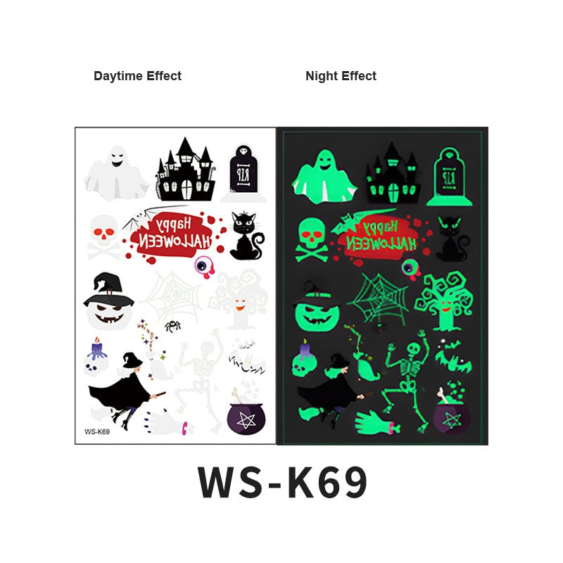 Halloween Glow in the Dark Cartoon Face Tattoos, Waterproof Fluorescent Green Kids Stickers