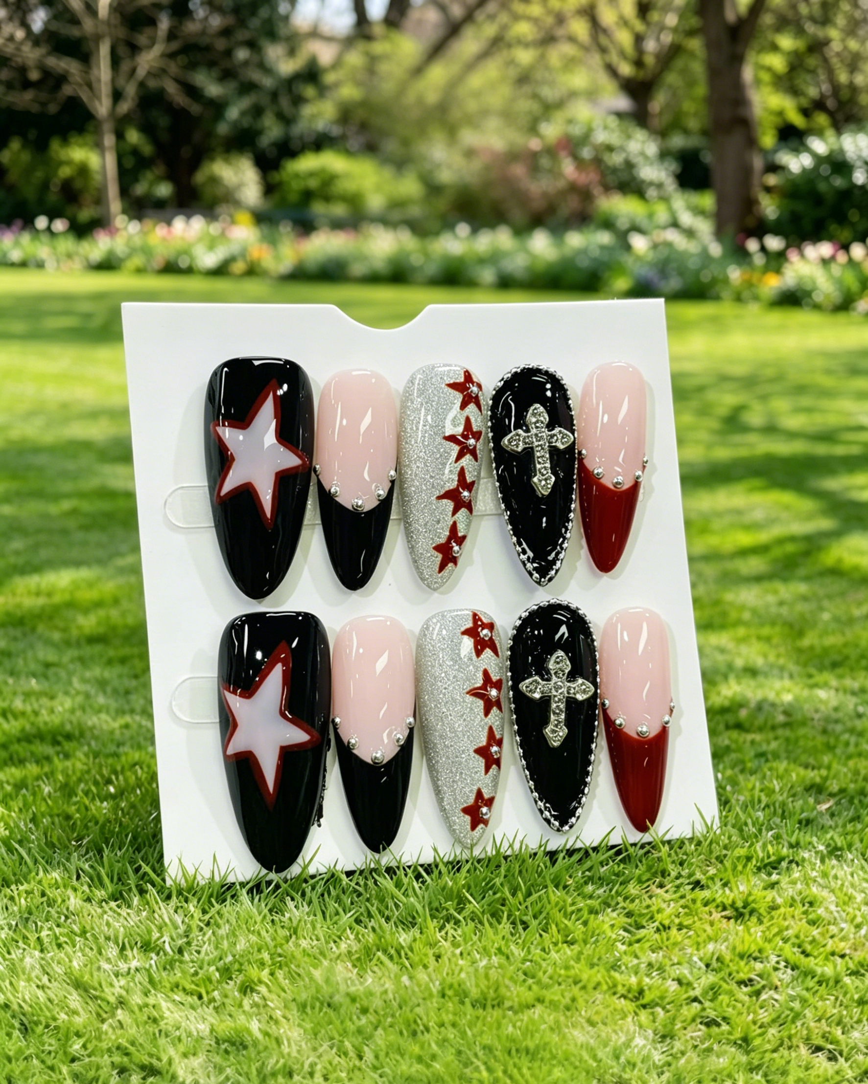 Y2K Star Cross Almond Fake Press On Nails