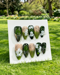 Green Press On Nails Floral Almond Fake Nails Glossy 10pcs