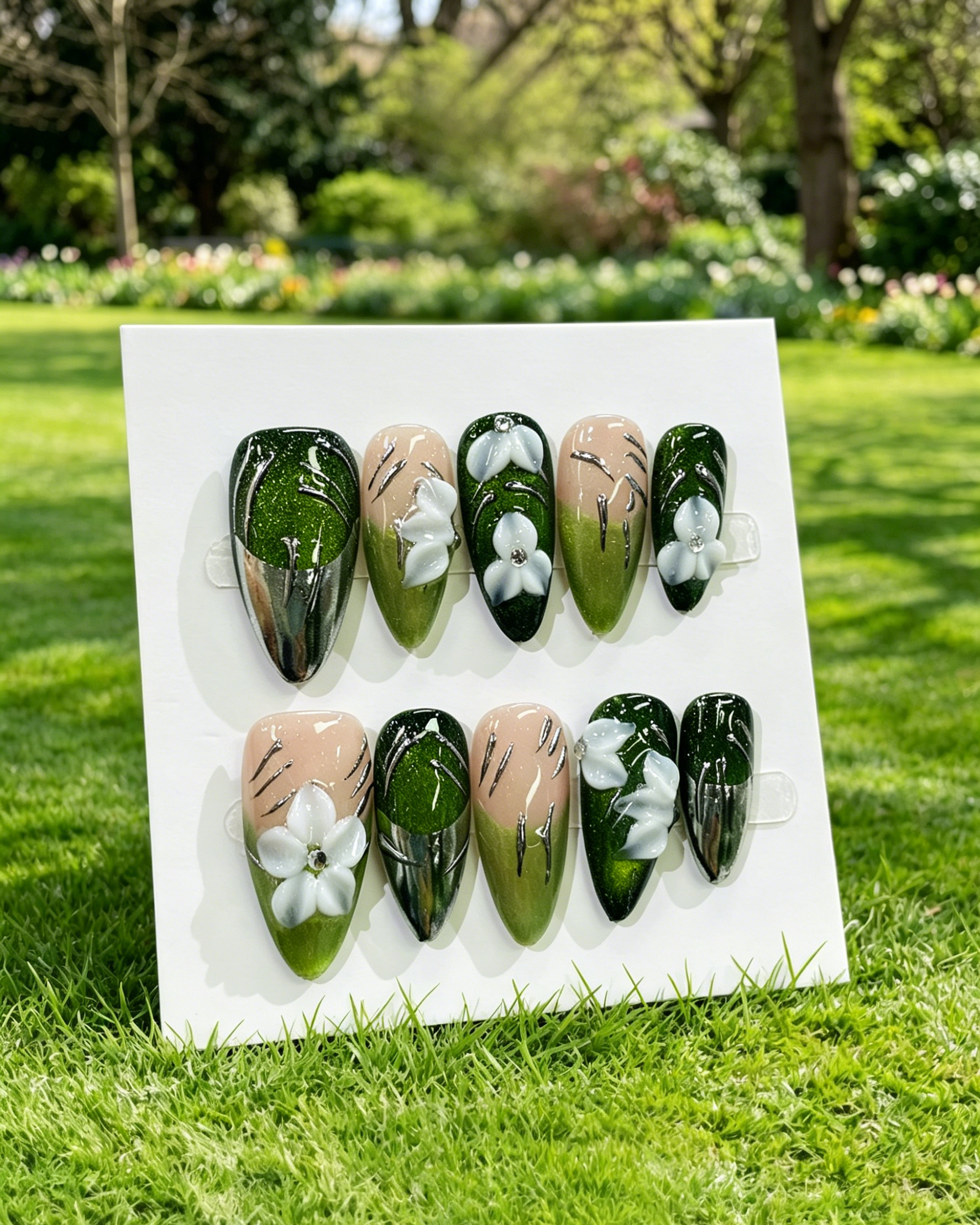 Green Press On Nails Floral Almond Fake Nails Glossy 10pcs