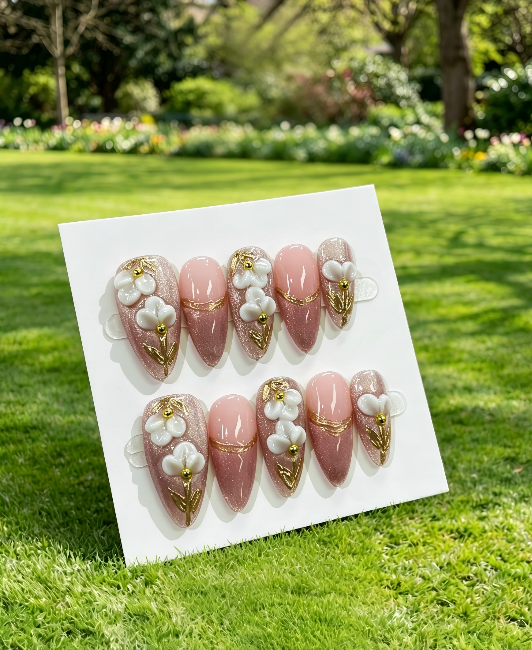 Pink 3D Flower Almond Press On False Nails