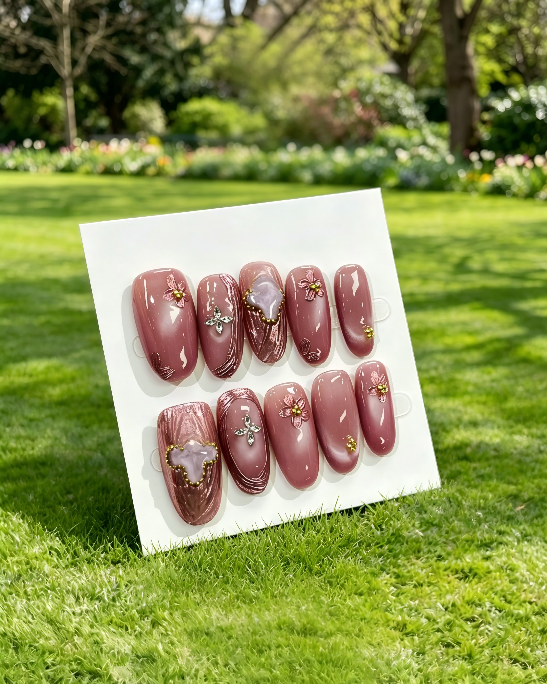 Dusty Pink Floral Rhinestone Press On Nails