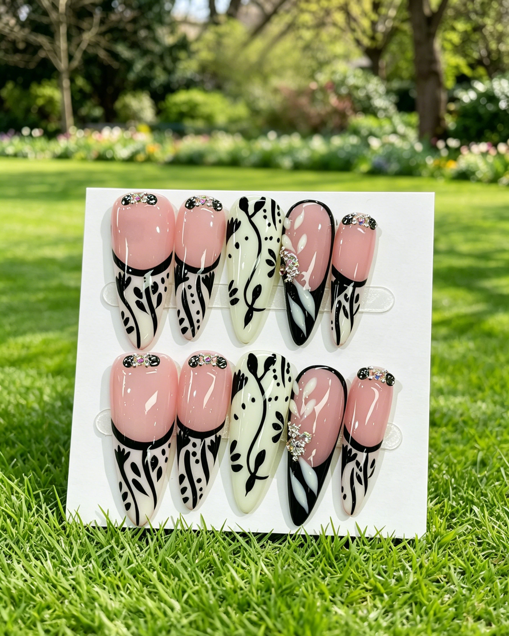 Pink Black Rhinestone Long Fake Nails