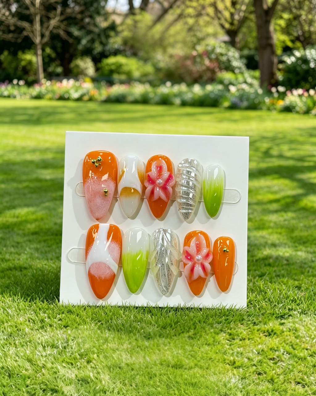 Orange 3D Flower Handmade Press On Nails