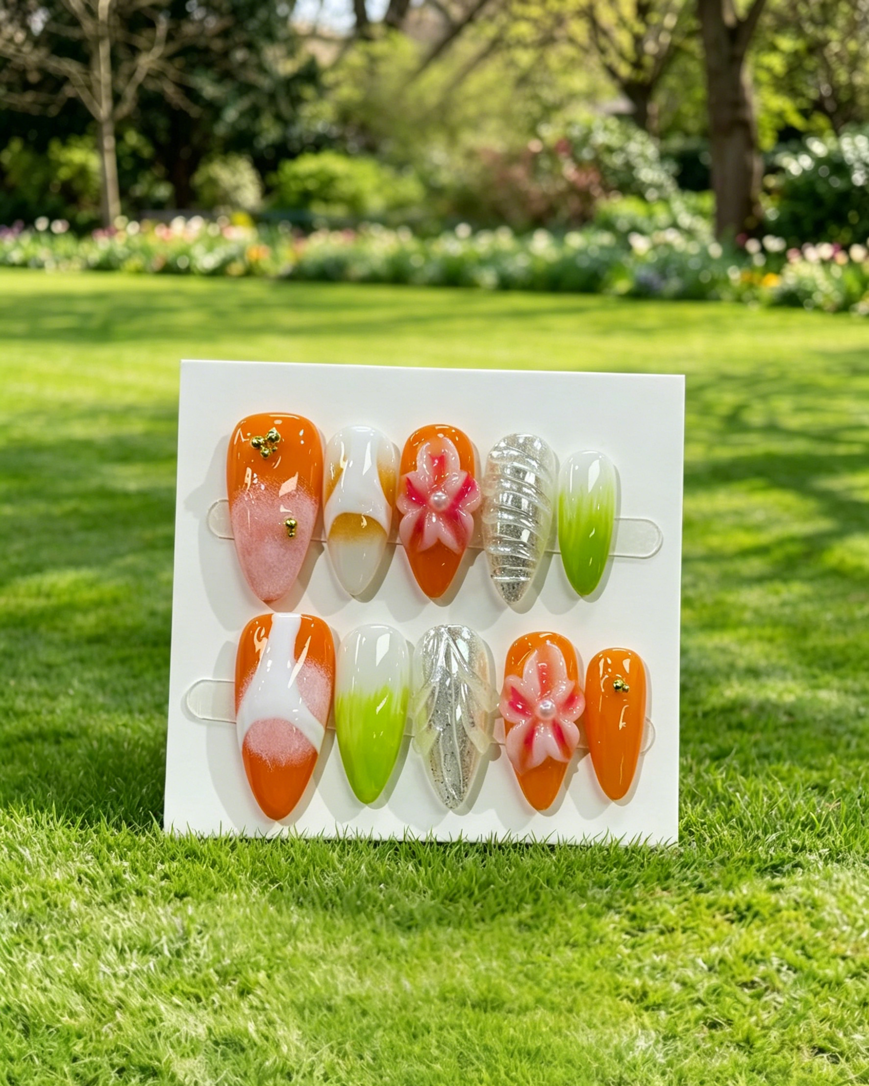 Orange 3D Flower Handmade Press On Nails