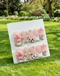 Pink Flower Press On Nails Rhinestone Cow Print Fake Nails