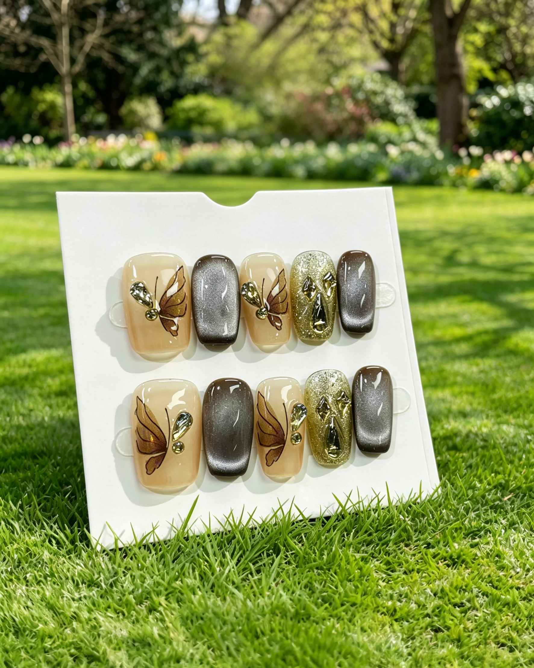 Brown Butterfly Rhinestone Press On Nails