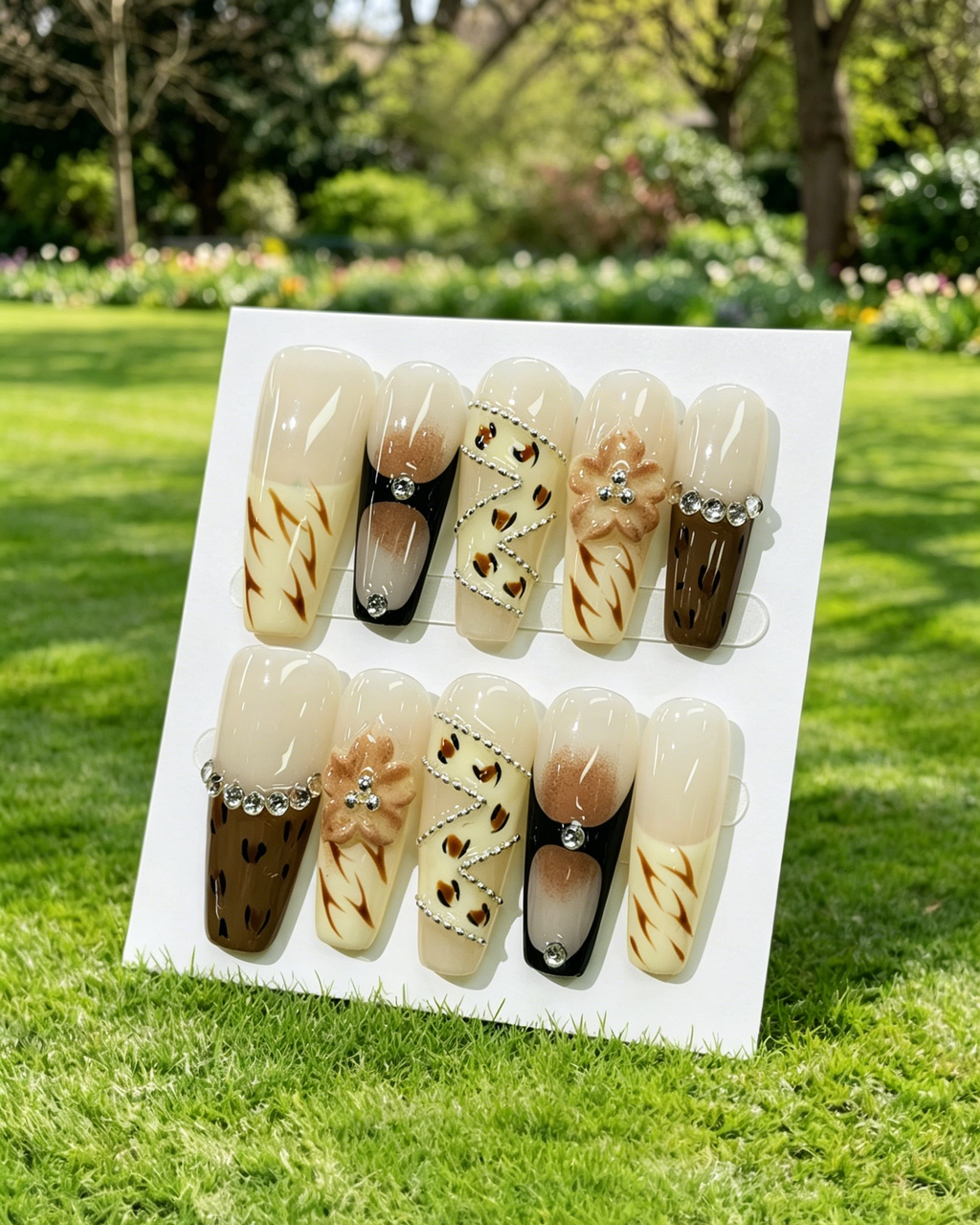 Brown Leopard Rhinestone Press On Nails