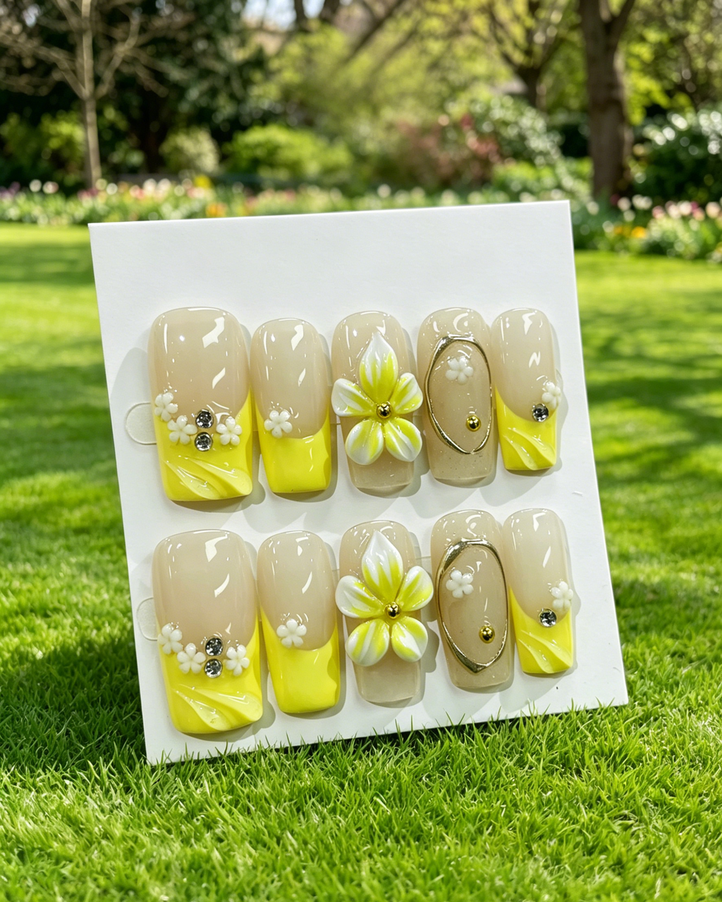 Yellow 3D Floral Rhinestone Press On Nails