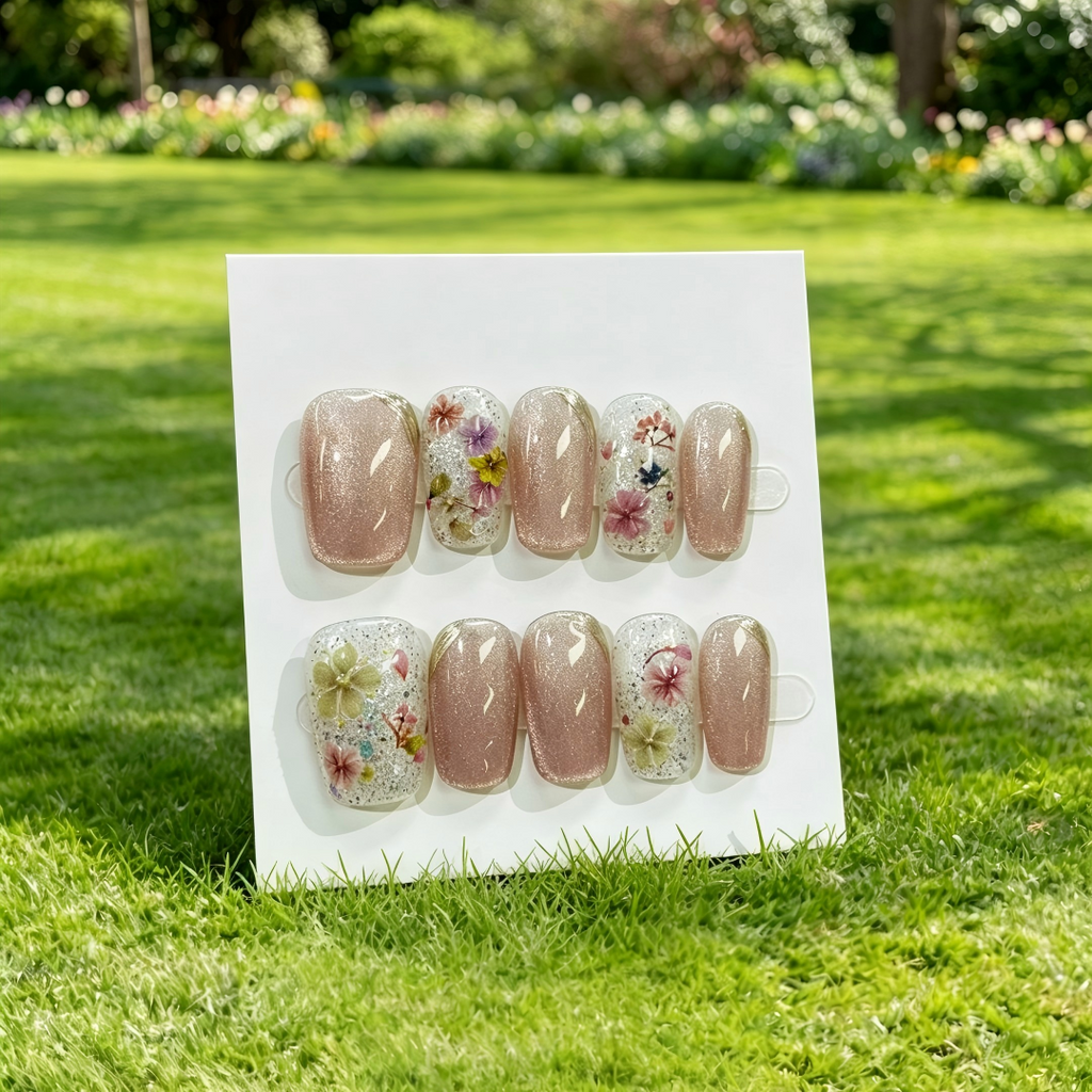 Pink Floral Glitter Press On Nails