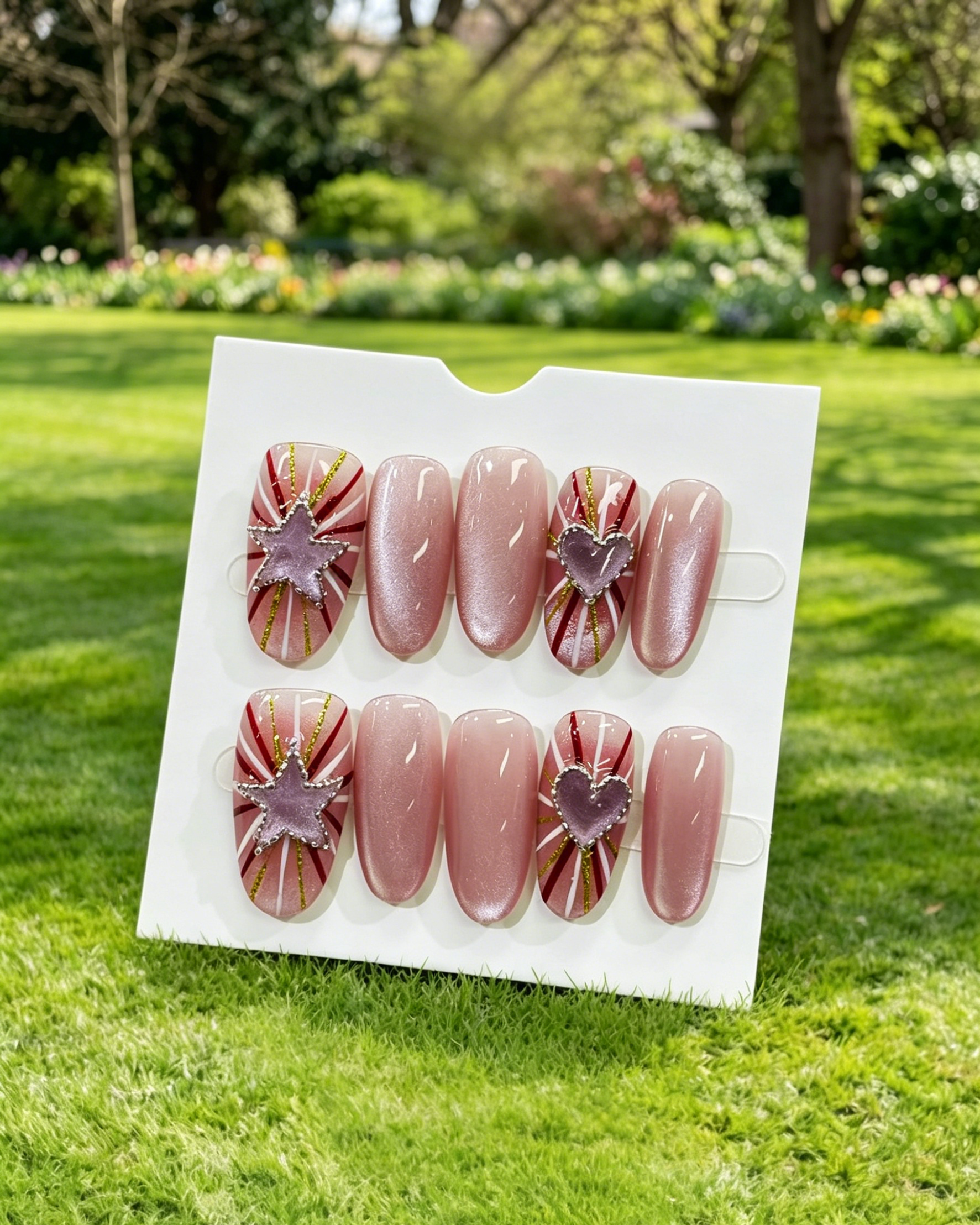 Pink Star Heart Almond Press On Fake Nails