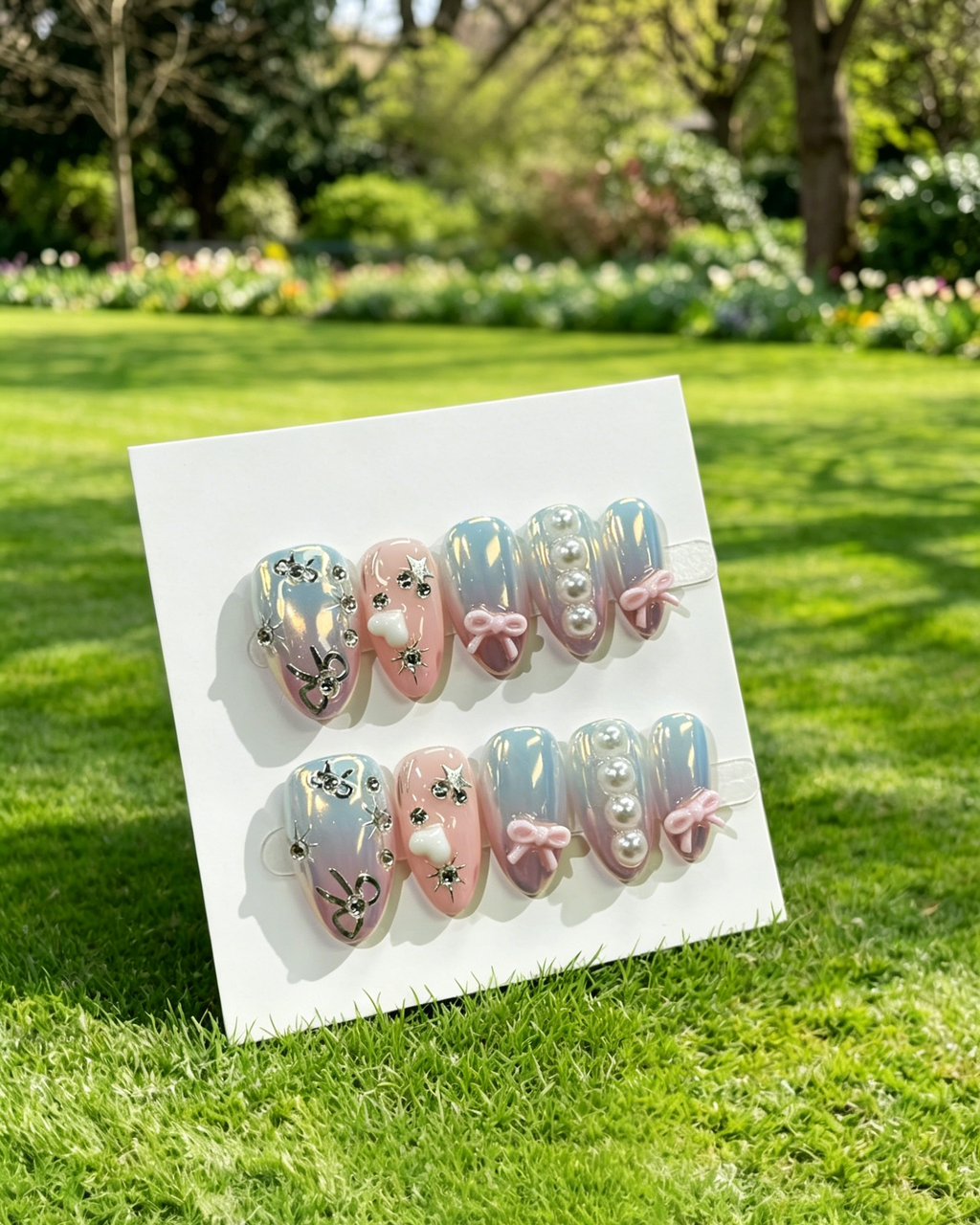 Shiny Almond Bow Pearl Press On False Nails