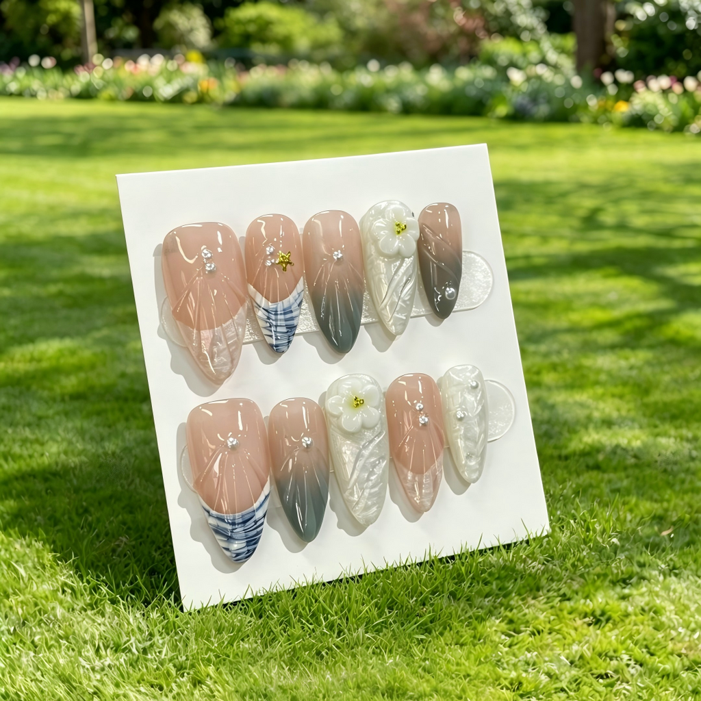 Elegant 3D Flower Almond Press On Fake Nails