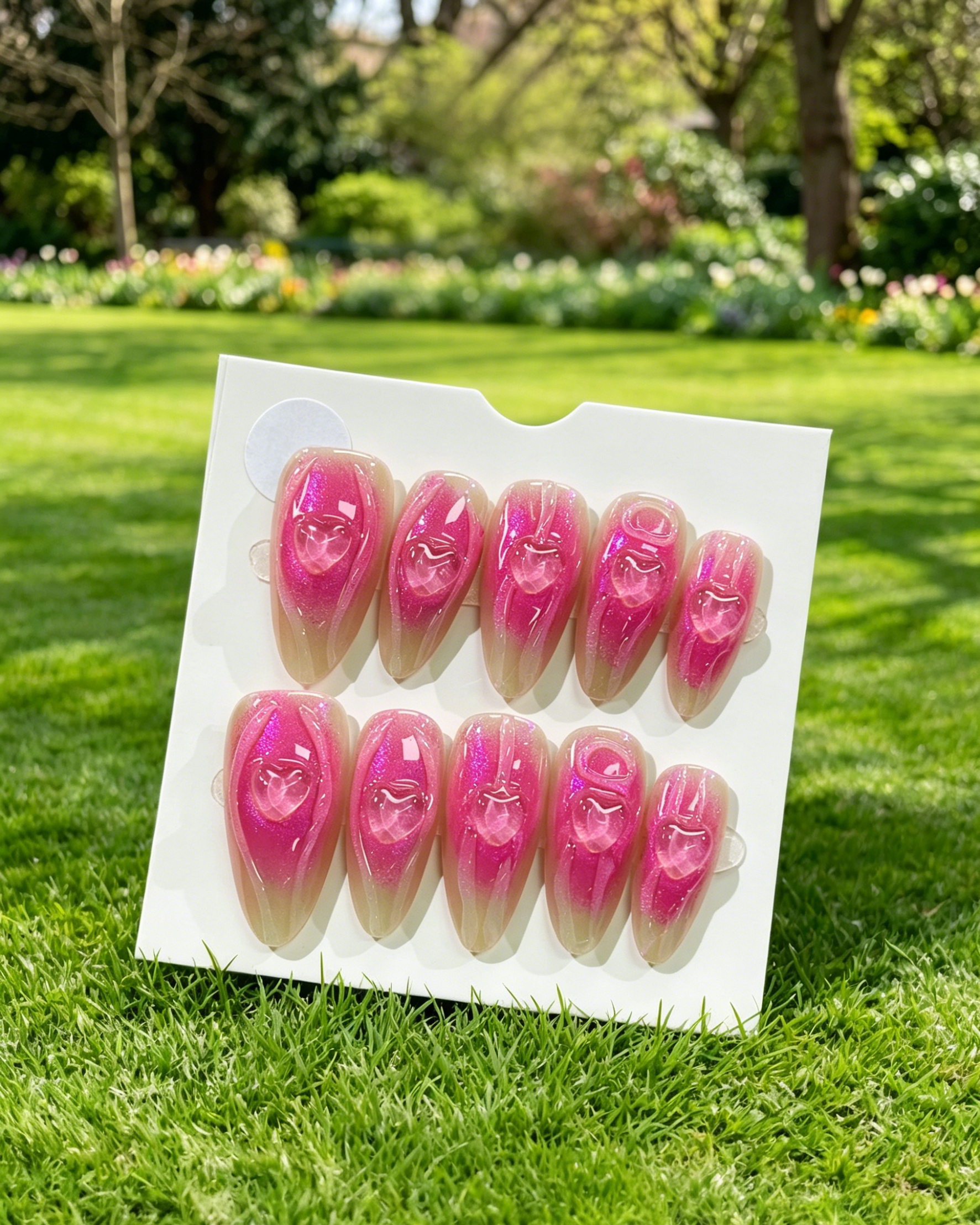 Pink 3D Heart Gradient Almond Fake Nails