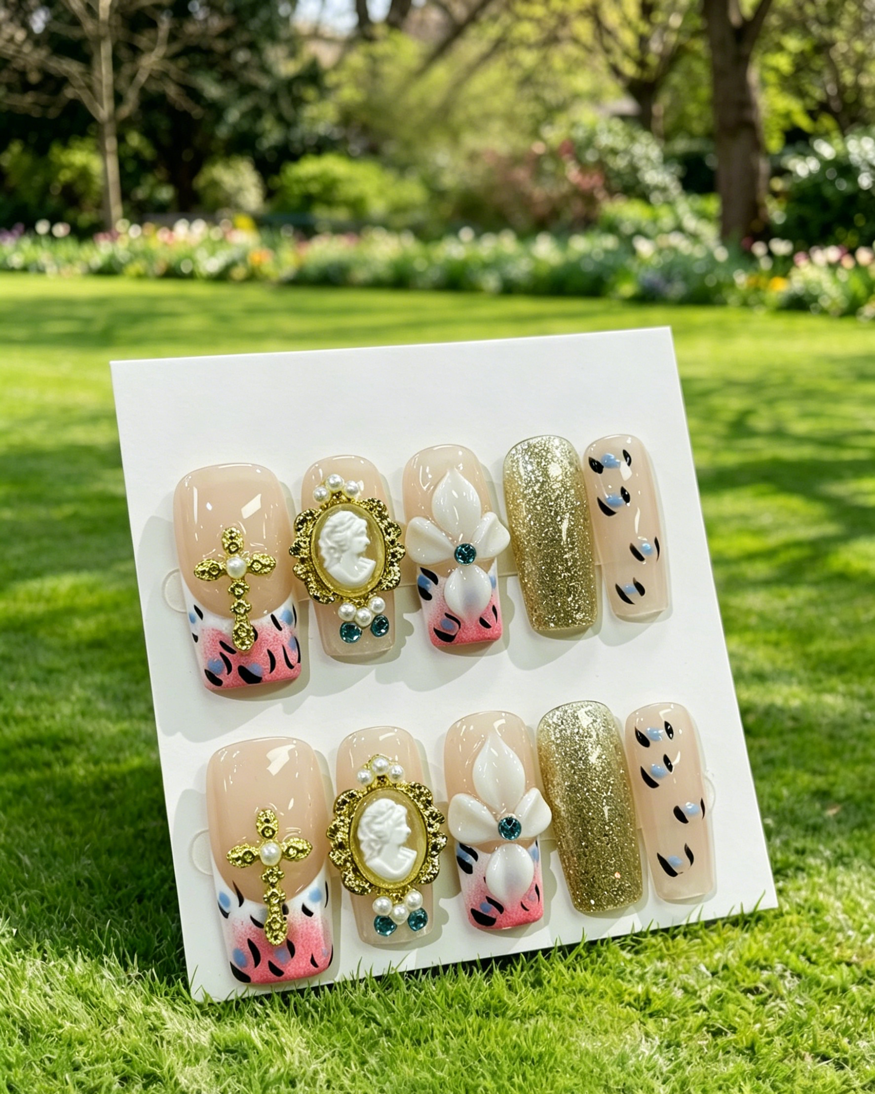 Handmade Press On Nails French Tip Leopard Luxury Rhinestone False Nails Reusable Glue On Nails Women Gift 10pcs