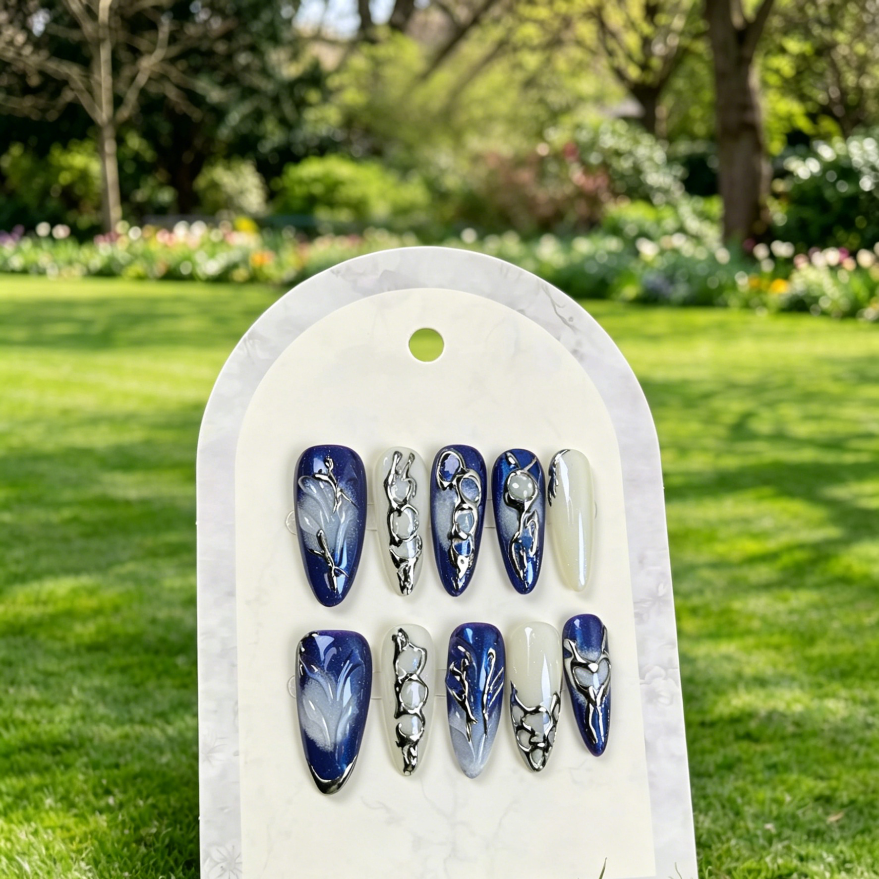 Blue Silver Long Almond Handmade Fake Nails