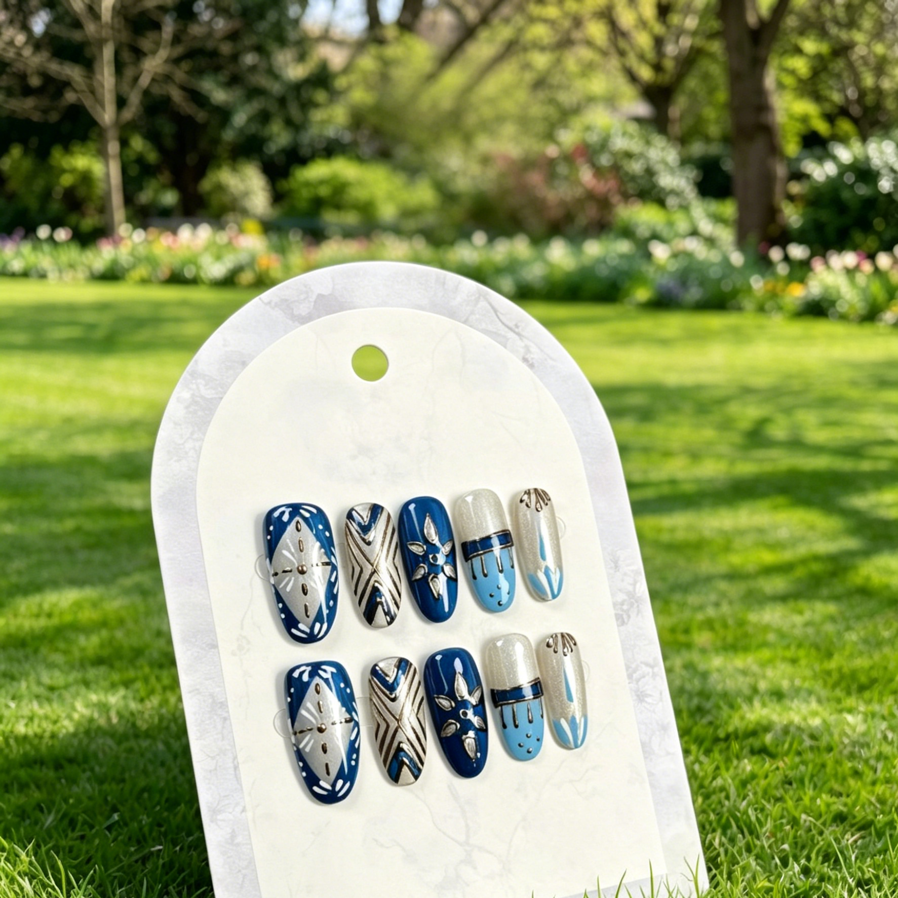 10pcs Blue Retro Handmade Press On Nails