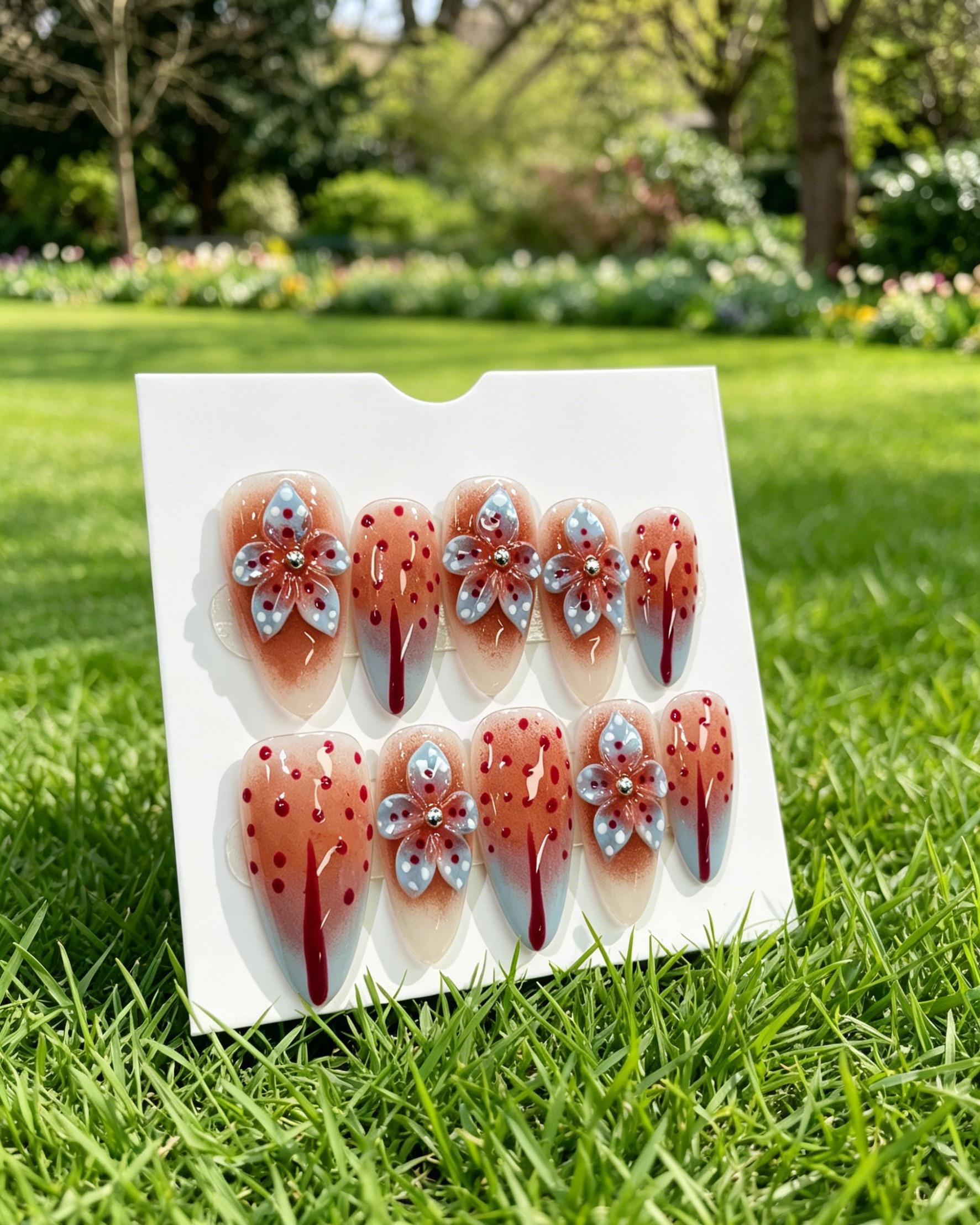 3D Floral Polka Dot Gradient Almond False Nails