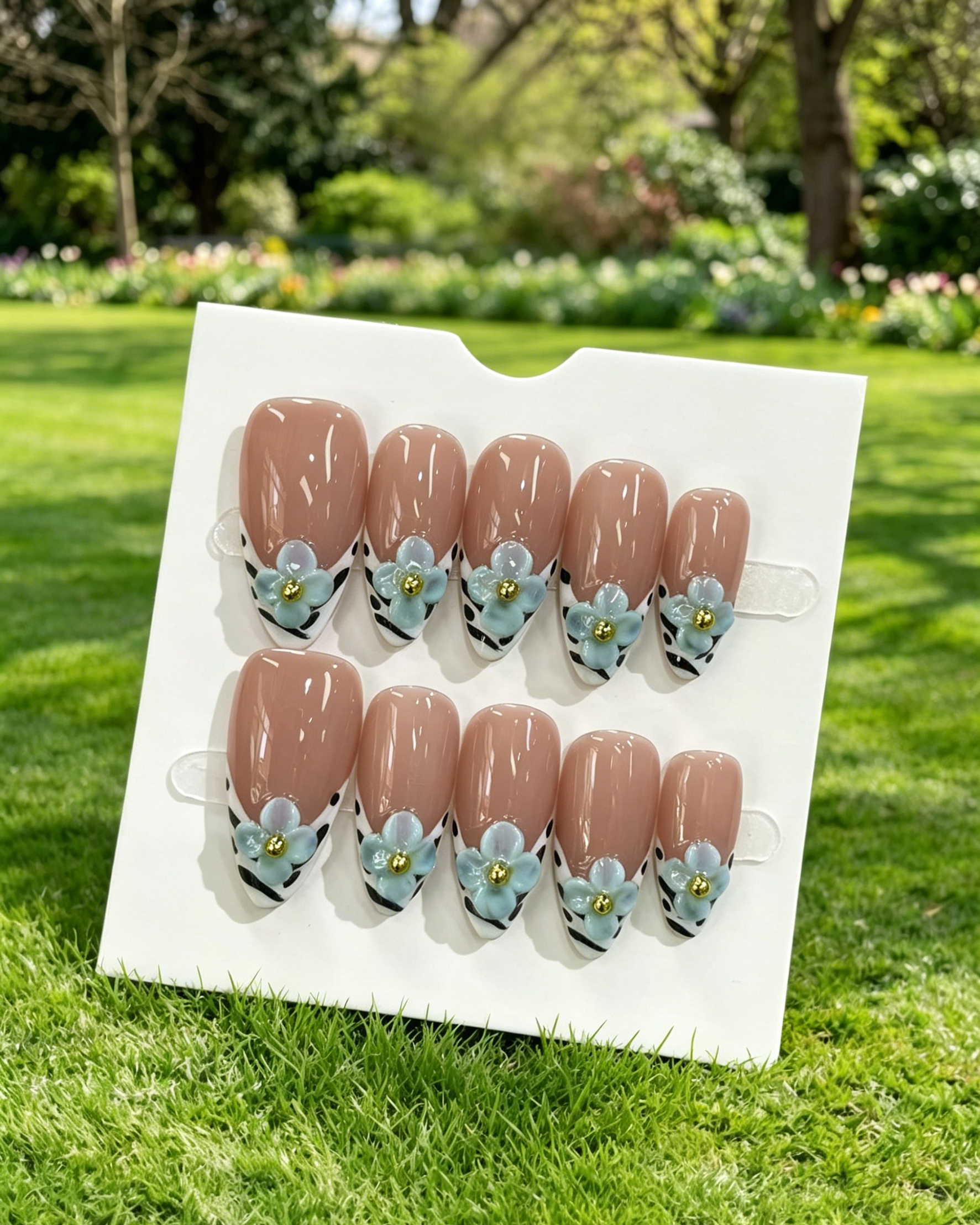 3D Floral Nude Almond Press On Nails