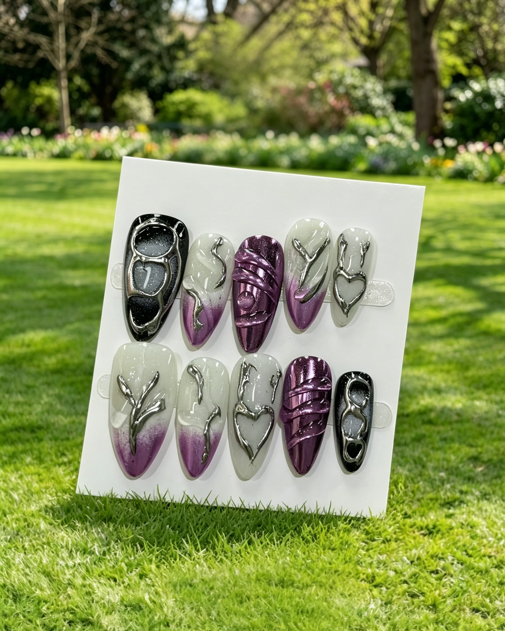 Purple Silver Heart Gradient Almond False Nails