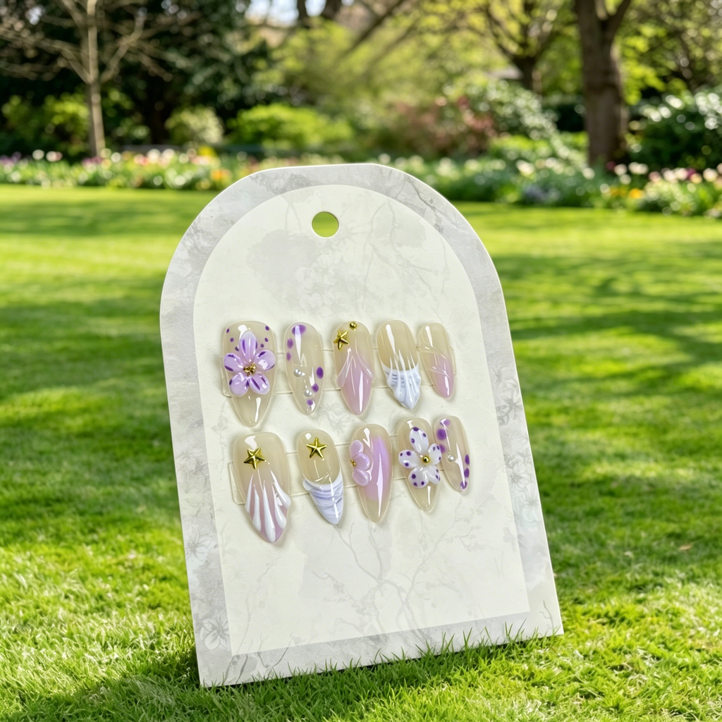 Purple Floral Handmade Almond Press On False Nails