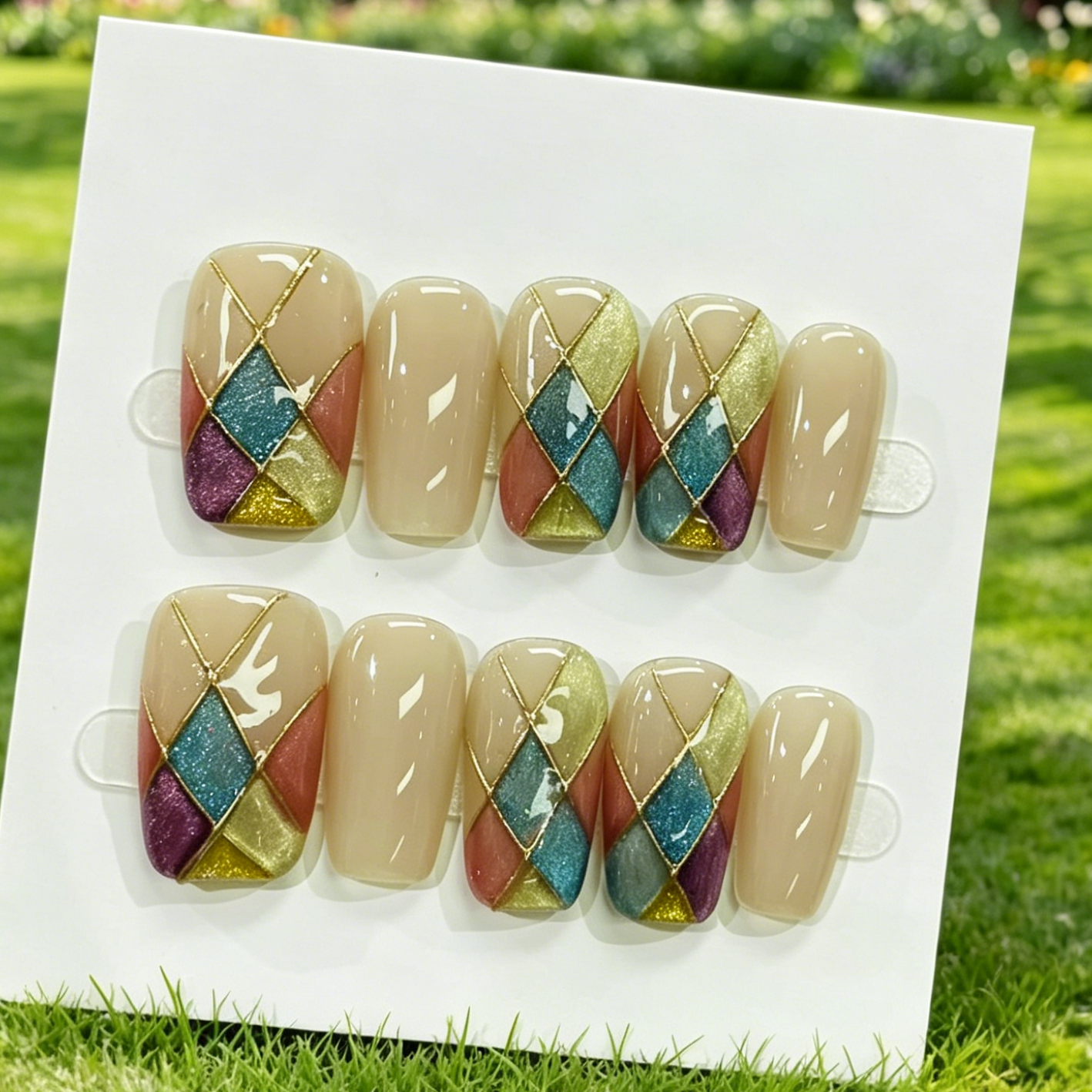 Nude Plaid Gold Glitter Press On Nails