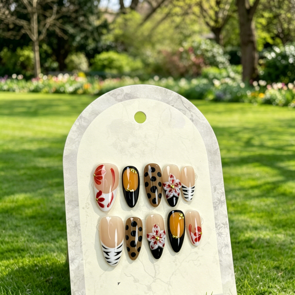 Vintage Floral Leopard Almond Press On Nails
