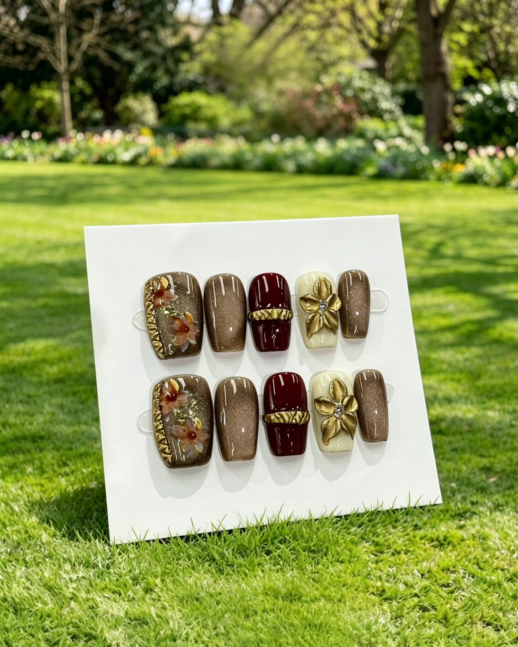 Retro Burgundy 3D Flower Press On Fake Nails