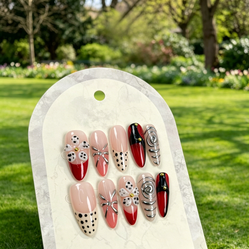 Red 3D Flower Long Almond Fake Press On Nails