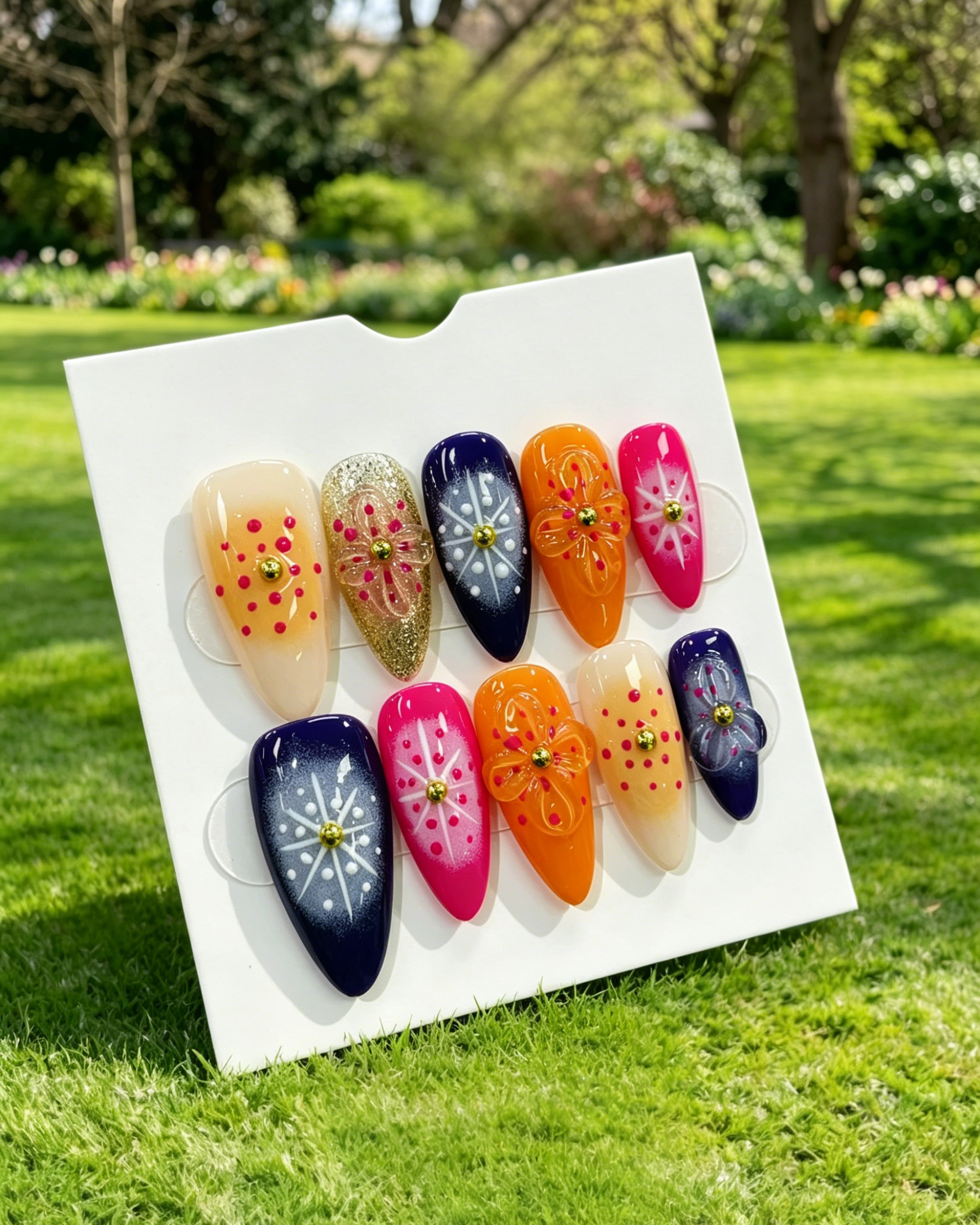 Hand-painted Floral Almond Press On Nails