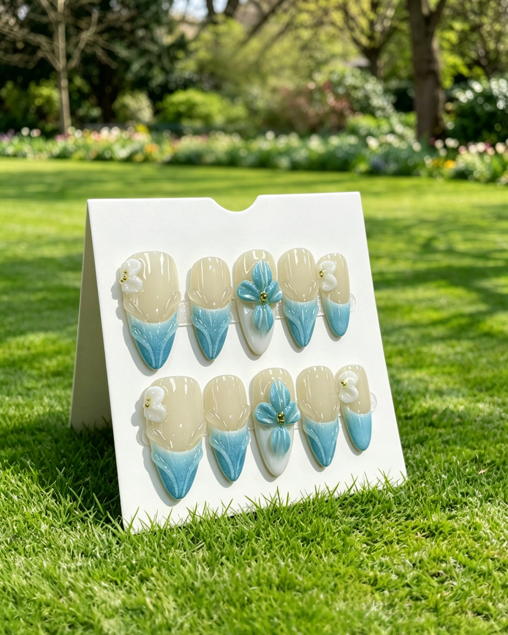 Blue 3D Flower Almond Handmade Press On Nails