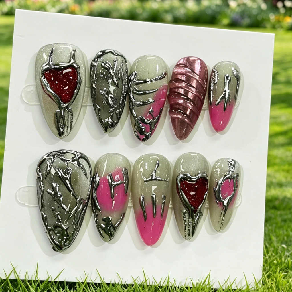 Punk Metallic Heart Almond Press On Nails