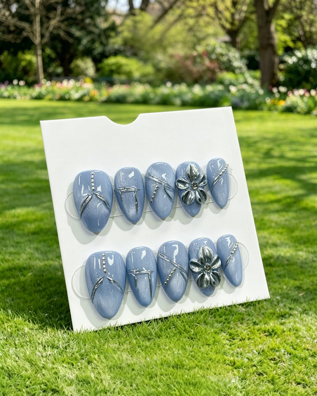 Blue Press On Nails Silver 3D Flower Design Fake Nails Glossy False Nails with Rhinestones Reusable Glue