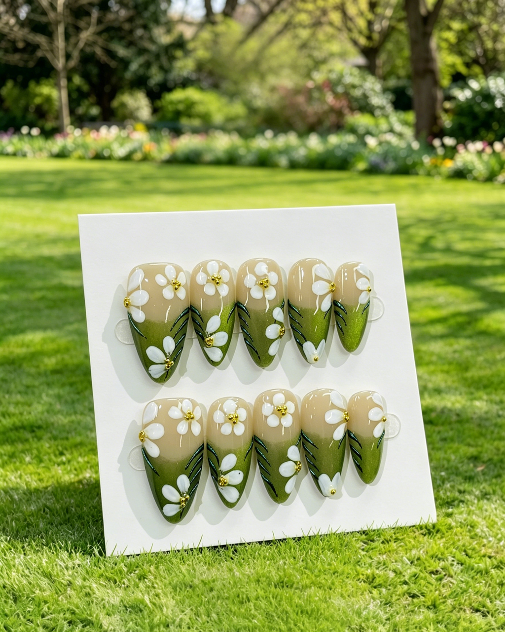 Green White Floral Almond Press On Nails