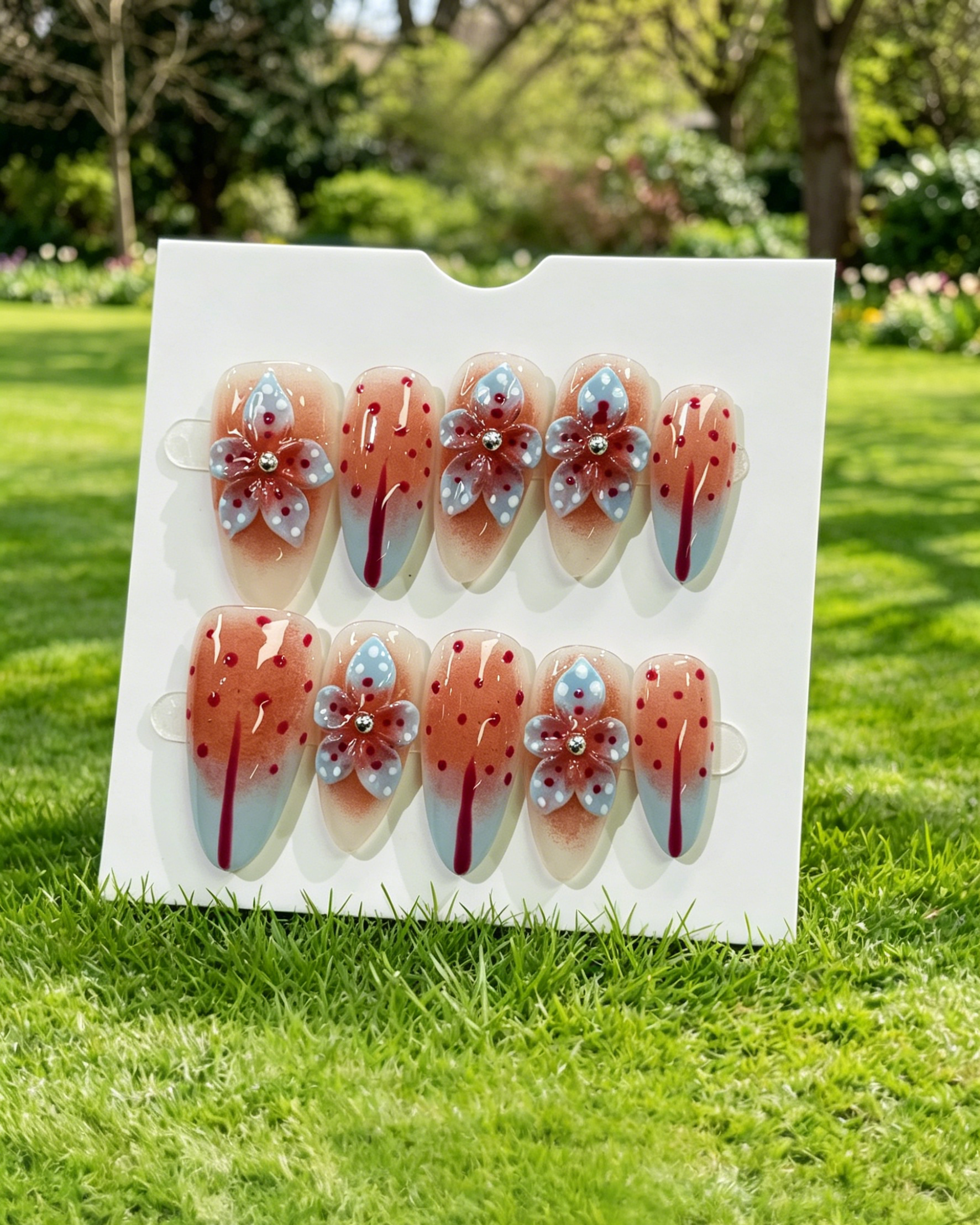 3D Flower Polka Dot Almond Handmade Fake Nails