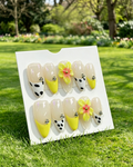 Yellow Floral Cow Print Almond Press On Nails