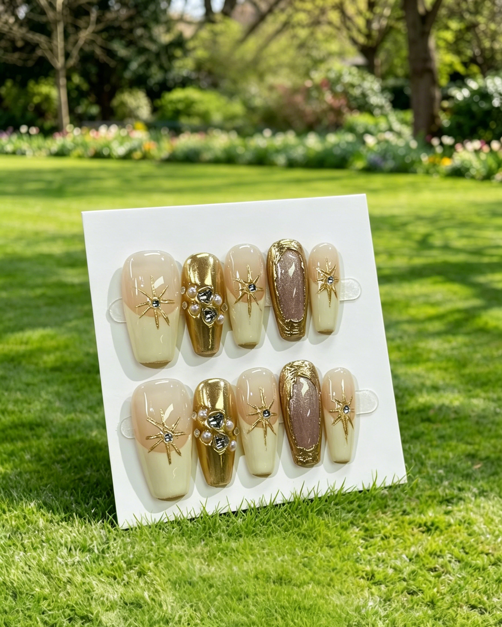 Nude Gold Star Rhinestone Fake Press On Nails