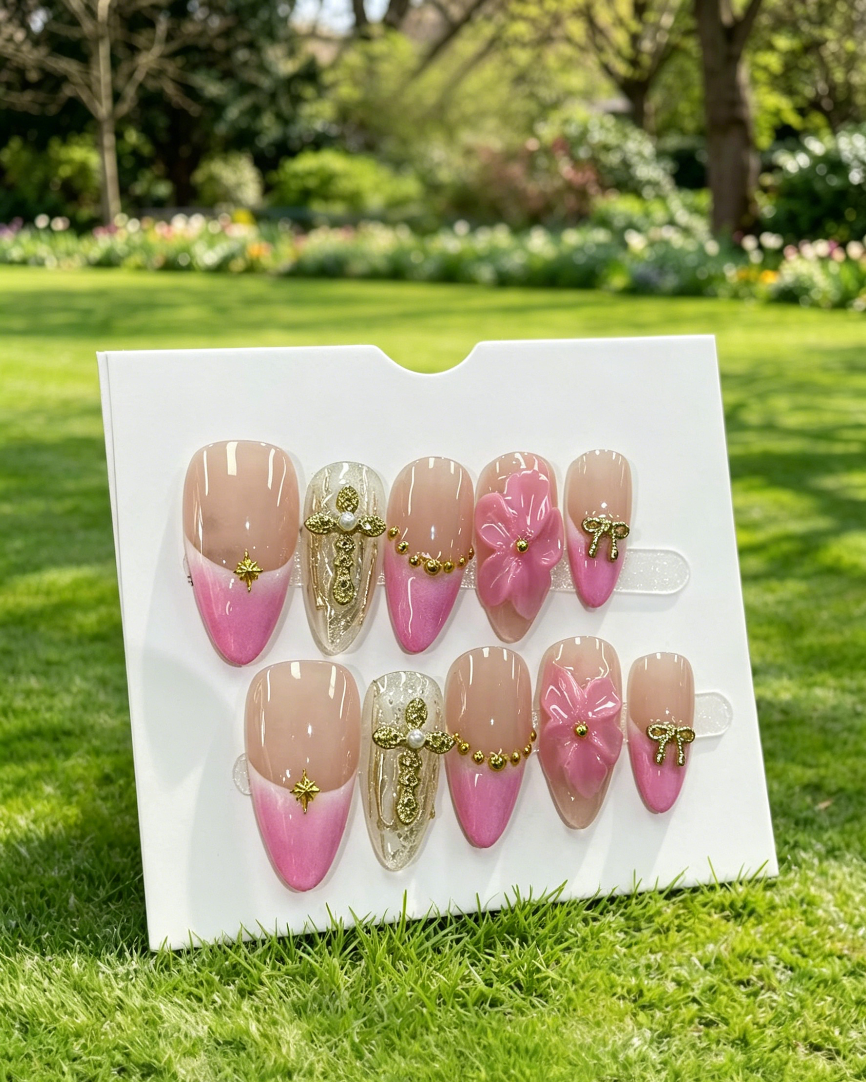Pink Gradient Gold Charm Almond False Press Nails