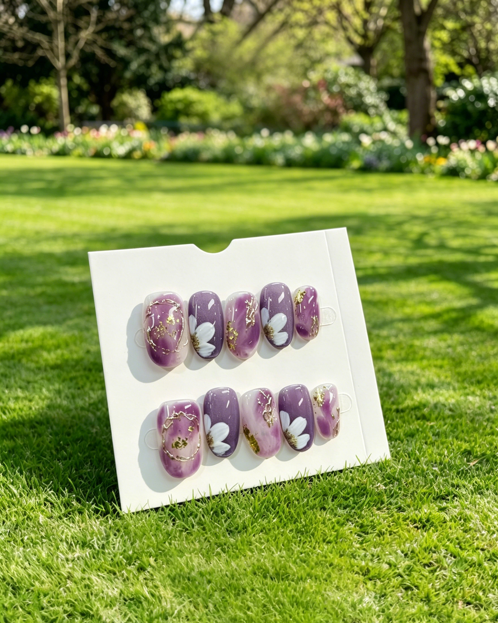 Purple White Floral Reusable Press On Nails