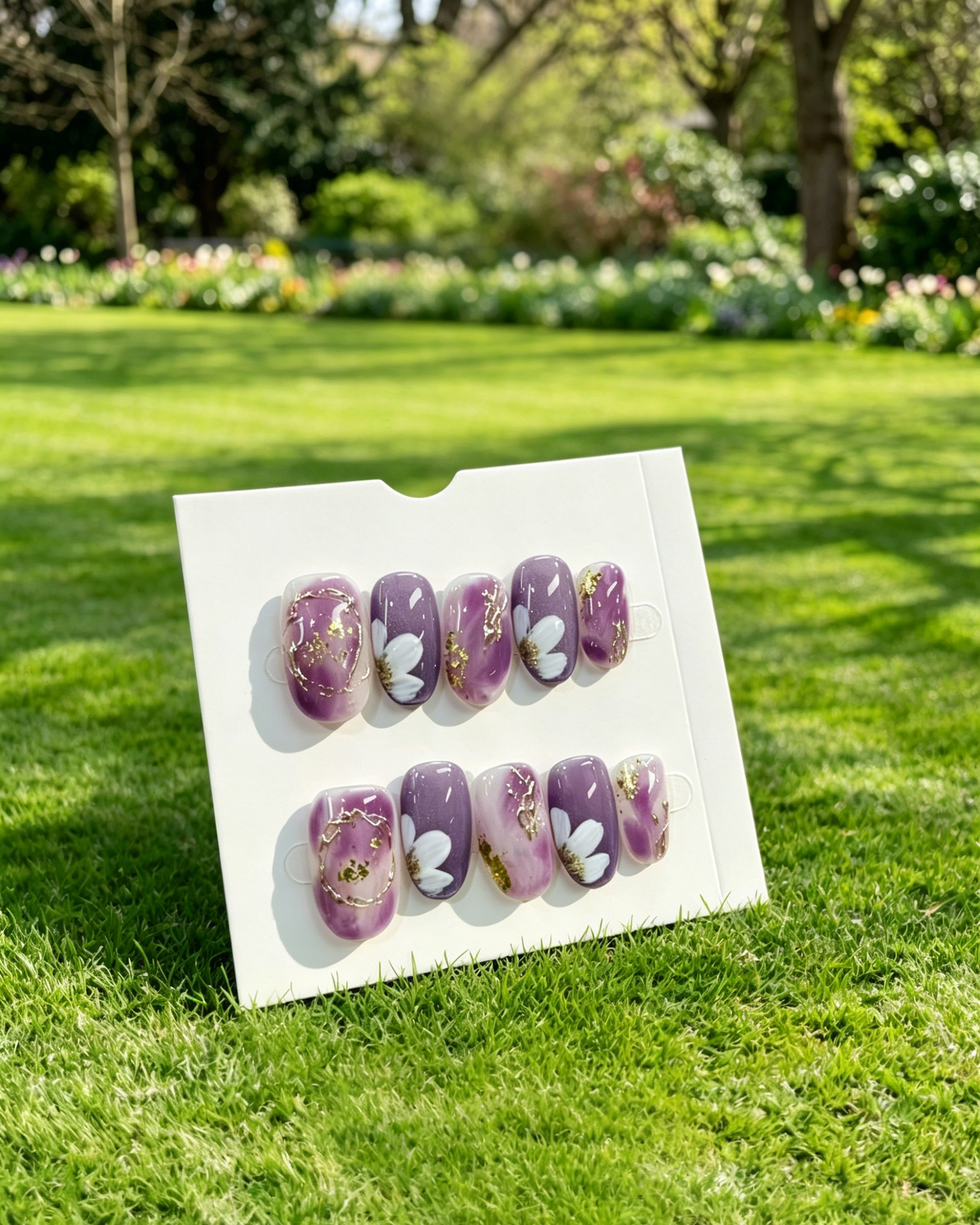 Purple White Floral Reusable Press On Nails