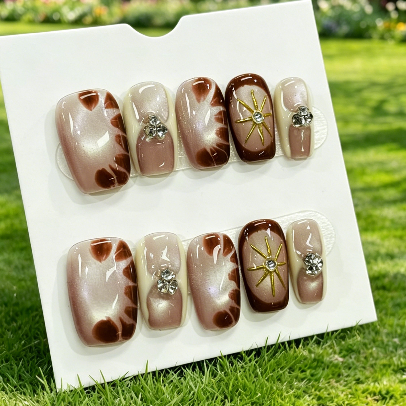 Brown Bling Rhinestone Square Press On Fake Nails