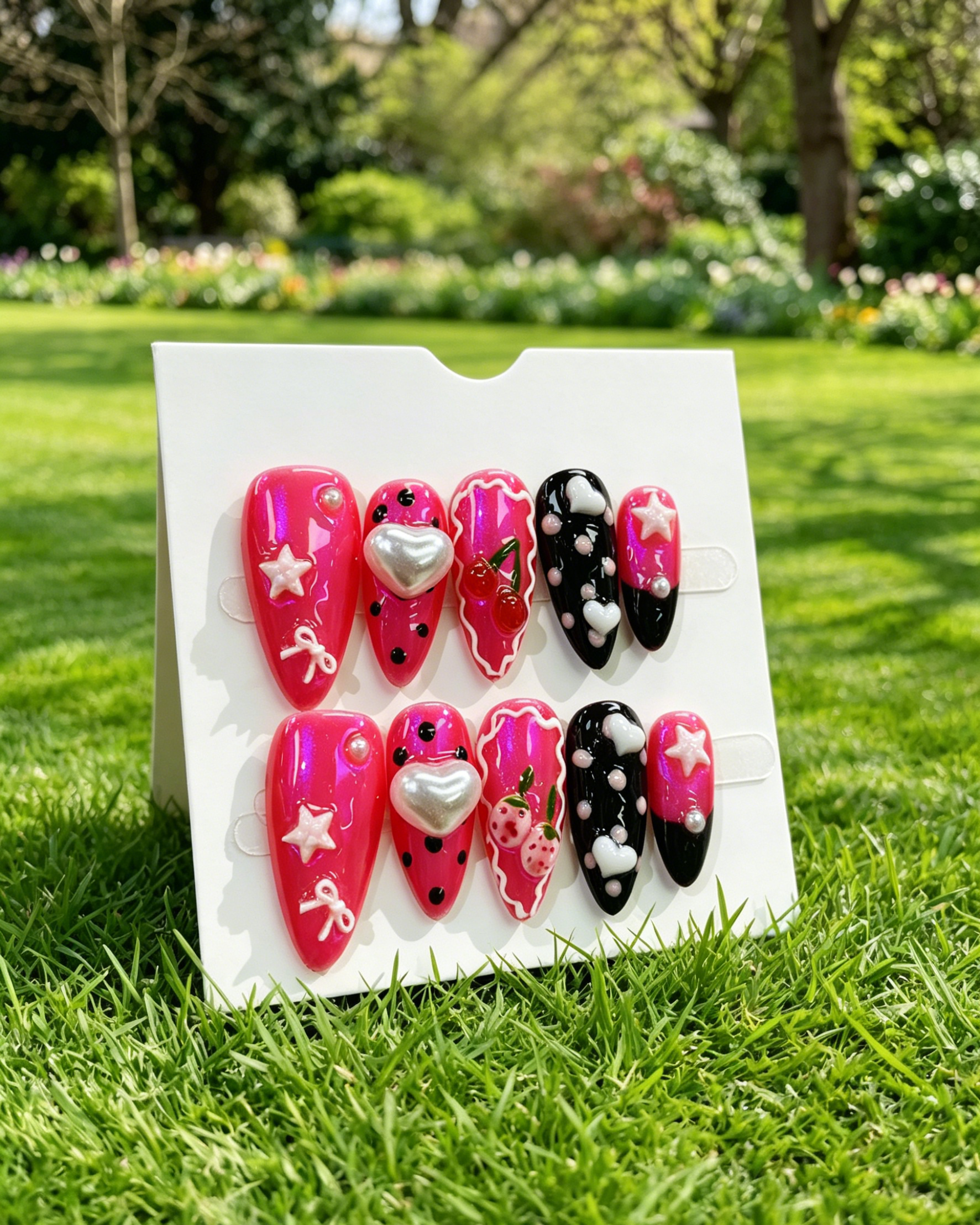Cute Pink Cherry Heart 3D Press On False Nails