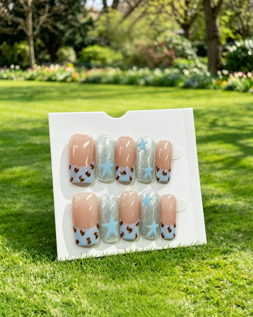 Blue Star Leopard Press On Fake Nails