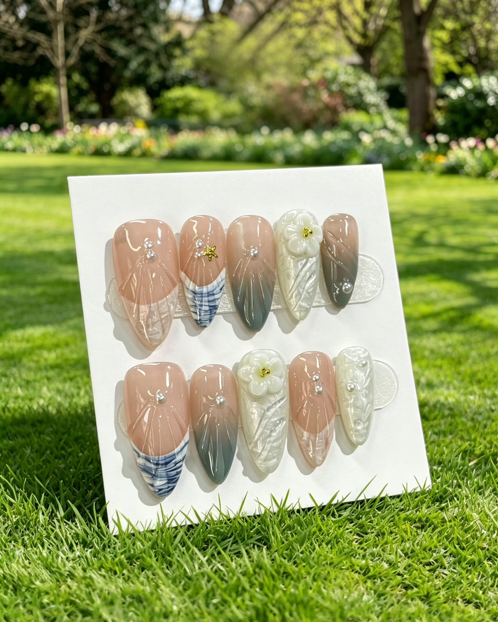 Nude 3D Flower Pearl Press On Nails
