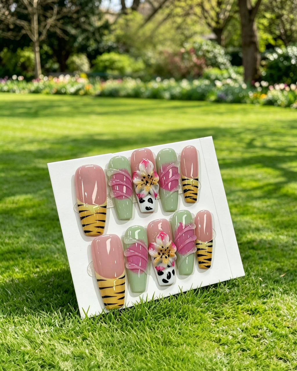 Handmade Press On Nails Tiger Lily Flower Design