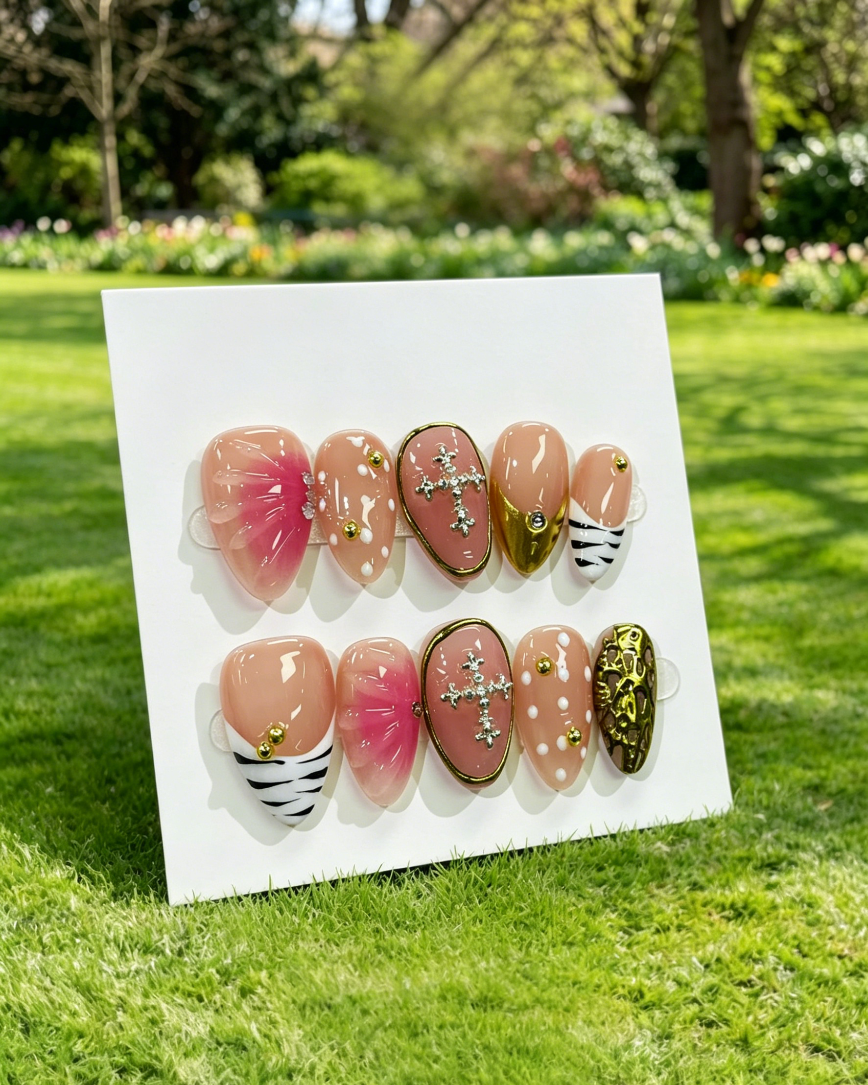 Pink Almond Rhinestone Press On Fake Nails