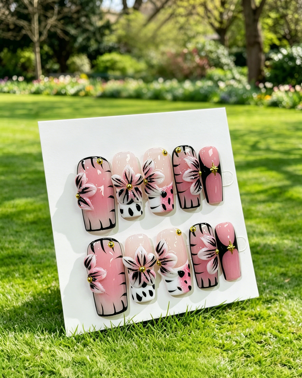Pink 3D Floral Long Square Press On Nails