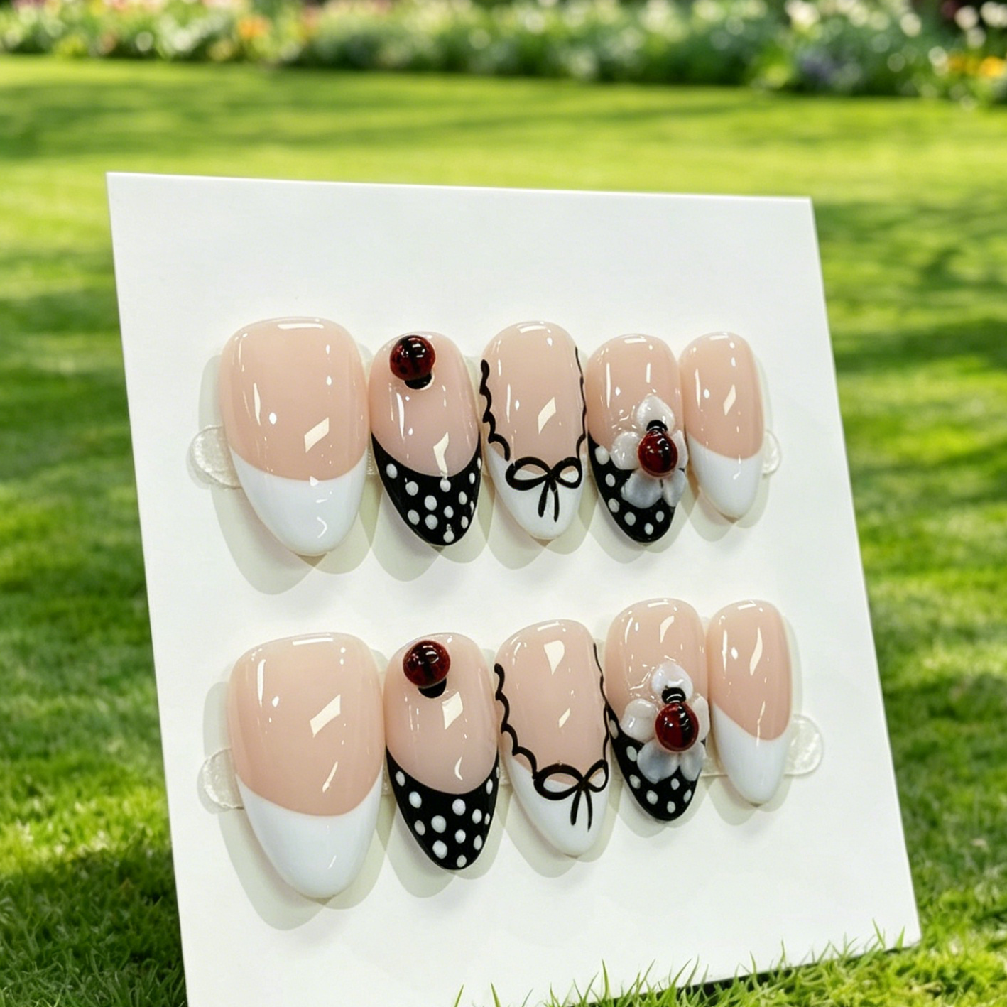 Cute 3D Ladybug Bow Almond Fake Press On Nails