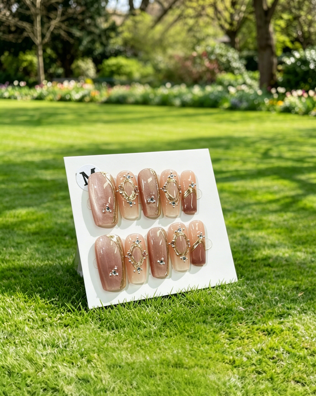 Nude Pink Shiny Rhinestone Fake Nails